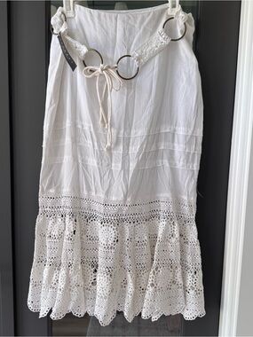 Laundry by Shelli Segal White Crochet Hem Tiered Skirt Coastal Boho 100% Cotton